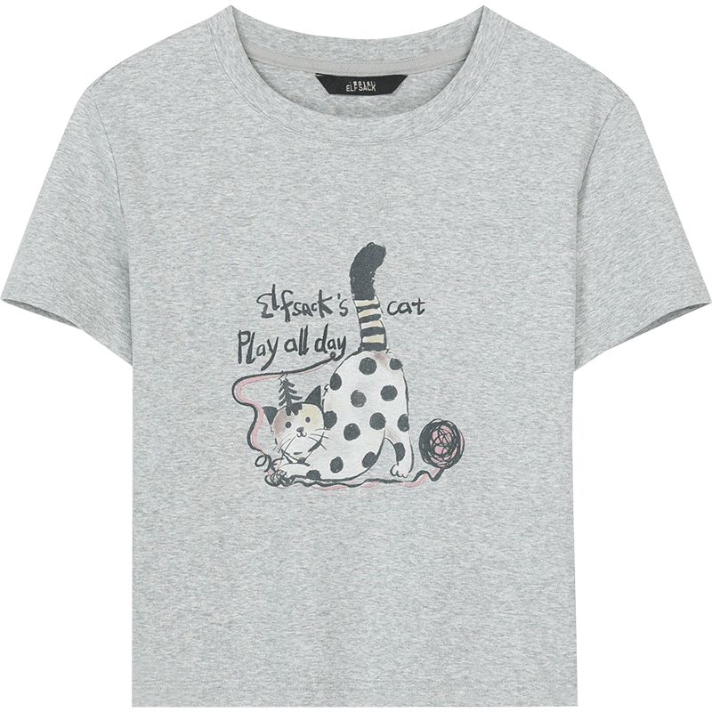 妖精的口袋印花插肩修身短袖t恤女2026夏季新款寬松顯瘦設計感上衣女 撒嬌高手麻灰色 M