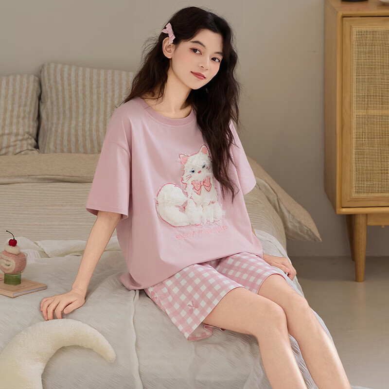 纯棉睡衣女款夏季2026新款短袖圆领可爱卡通腊肠狗家居服套装 Z44040 3XL