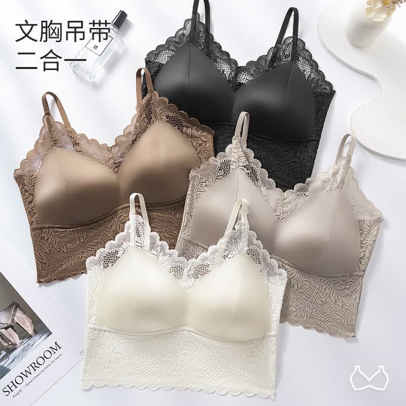 法式吊带性感内搭固定杯缎面蕾丝固定杯透气裸感美胸小吊带背心女 【2件装】可可棕+奶咖色 L 建议(110-140)斤