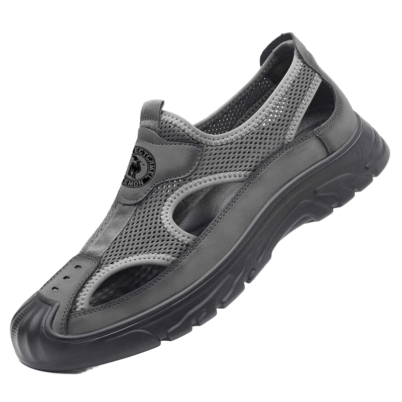 保罗骆驼包头凉鞋男夏季新款网布镂空软底爸爸鞋透气沙滩凉鞋休闲男鞋 灰色 42 【标准运动鞋码】