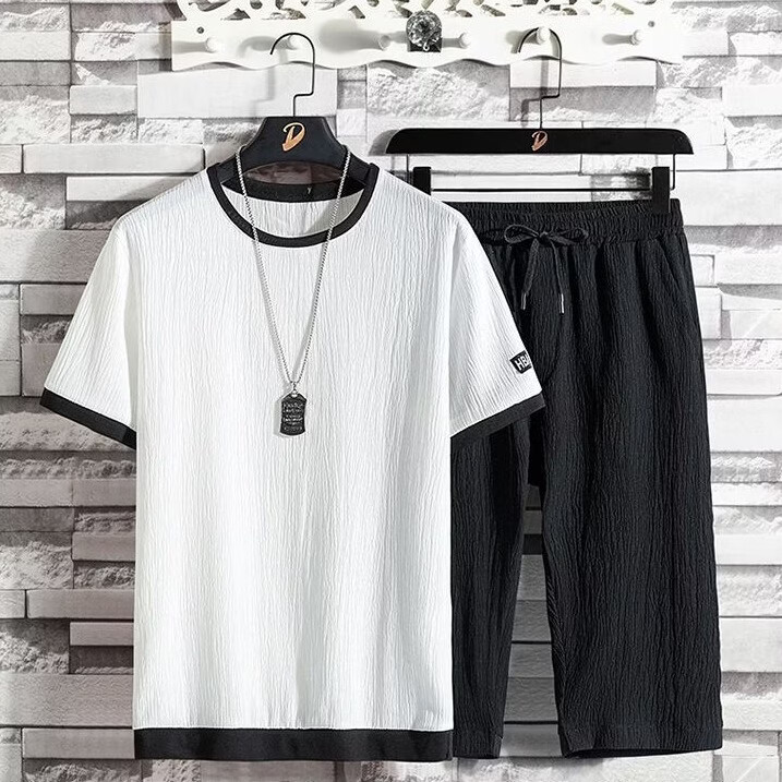 锐图森男士夏季禅悟冰丝套装男宽松大码休闲运动套装男短袖七分裤两件套 555套装-白色 2XL（建议130-150斤）