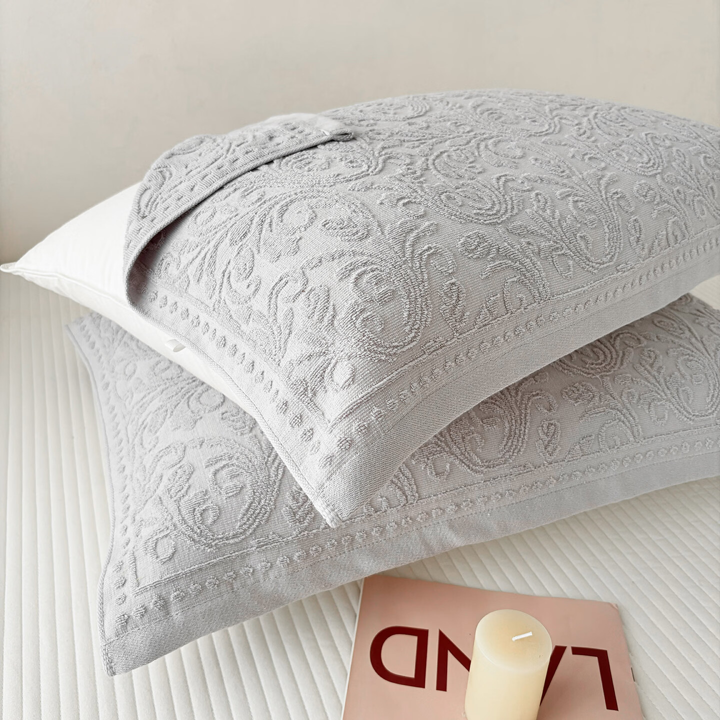 恒源祥纯棉枕巾 A类新疆棉提花毛圈枕巾舒适柔软可机洗防汗枕巾一对装 【A类纯棉+立体提花】欧式花-灰 52*75cm【一对】