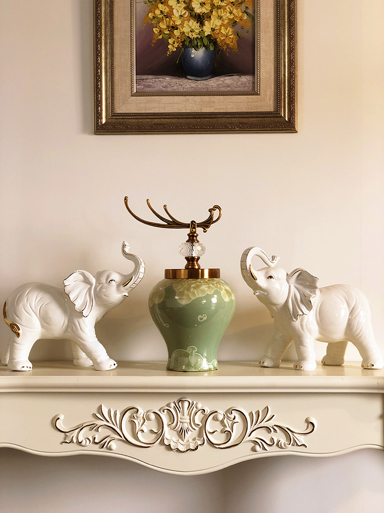 耘珺珥 轻奢高档高端客厅电视柜大象摆件一对欧式家居装饰品玄关陶瓷