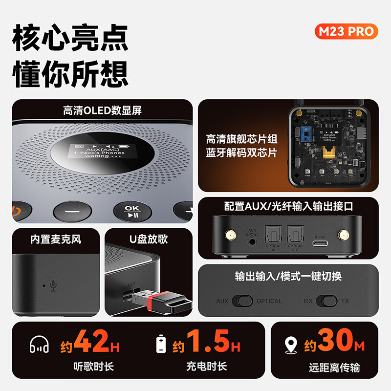 雷翼（RAYEE）数显式蓝牙接收器转音箱响功放机光纤输入输出U盘播放连2个设备电视电脑音频发射适配器 旗舰版-送全套线材 【听歌42小时+光纤输入/输出+歌词显示】