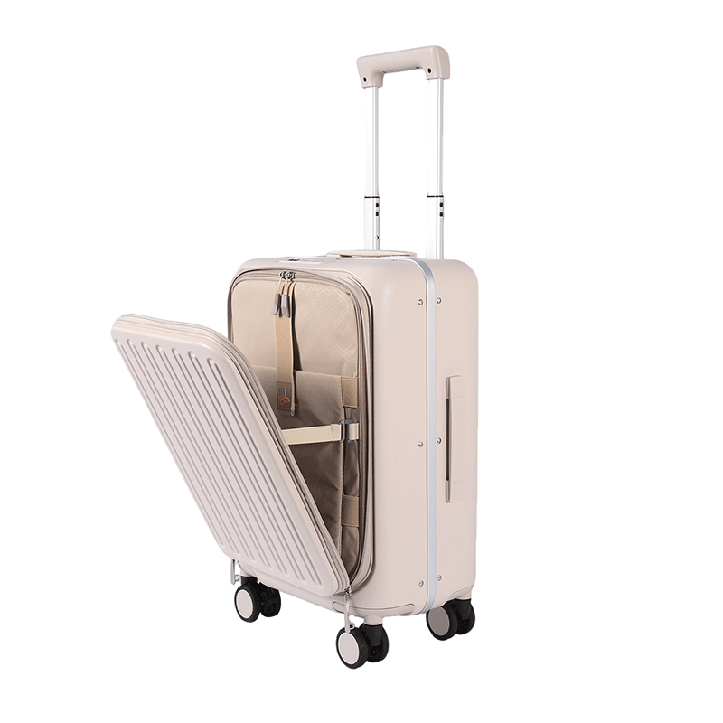 Tymon泰梦前开盖行李箱多功能轻便铝框拉杆箱快捷电脑前仓商务登机箱 奶咖色(电脑快捷前仓|隐藏式主仓) 20英寸 (登机箱+一体式周身封闭铝框)