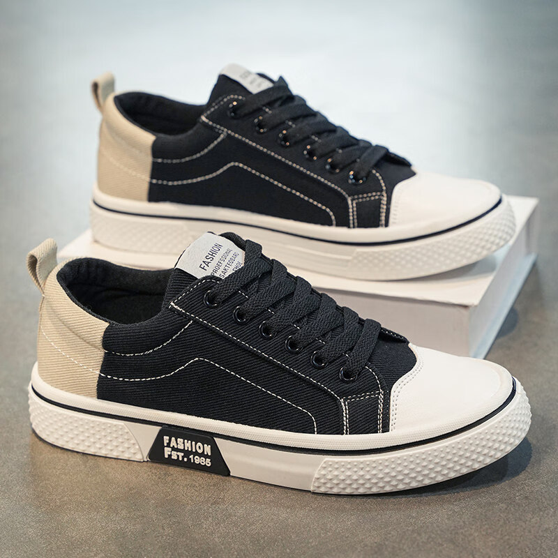 男士休闲鞋帆布男2026春季百搭低帮板厚底耐磨运动上班工作潮 黑色(升级版) 44