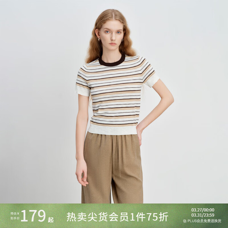 自巧小个子通勤复古撞色条纹圆领针织衫短款上衣女2026年春季新品 黄白条 M （尺码：4）