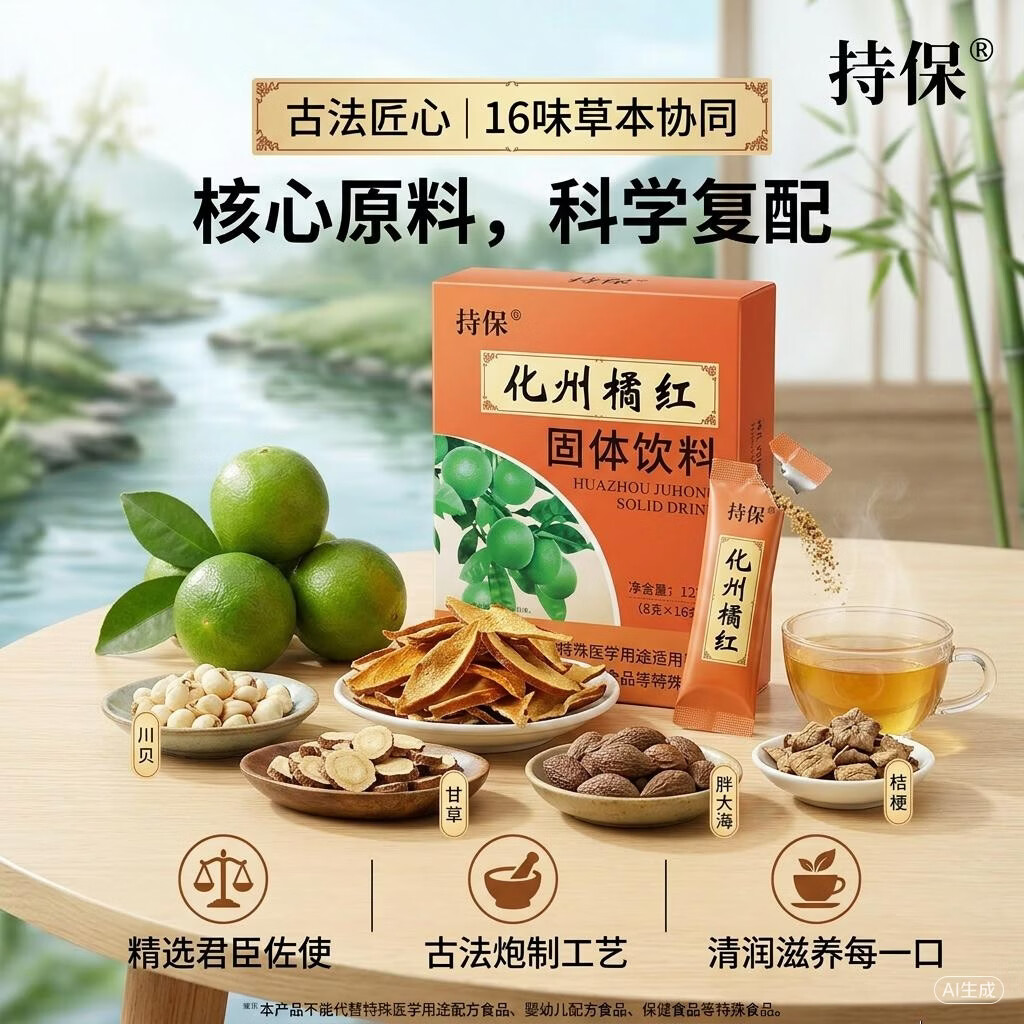 持保化州橘红固体饮料 8g*16条/盒 化桔红 橘红茶 正宗化州橘红冲剂 128g*5盒