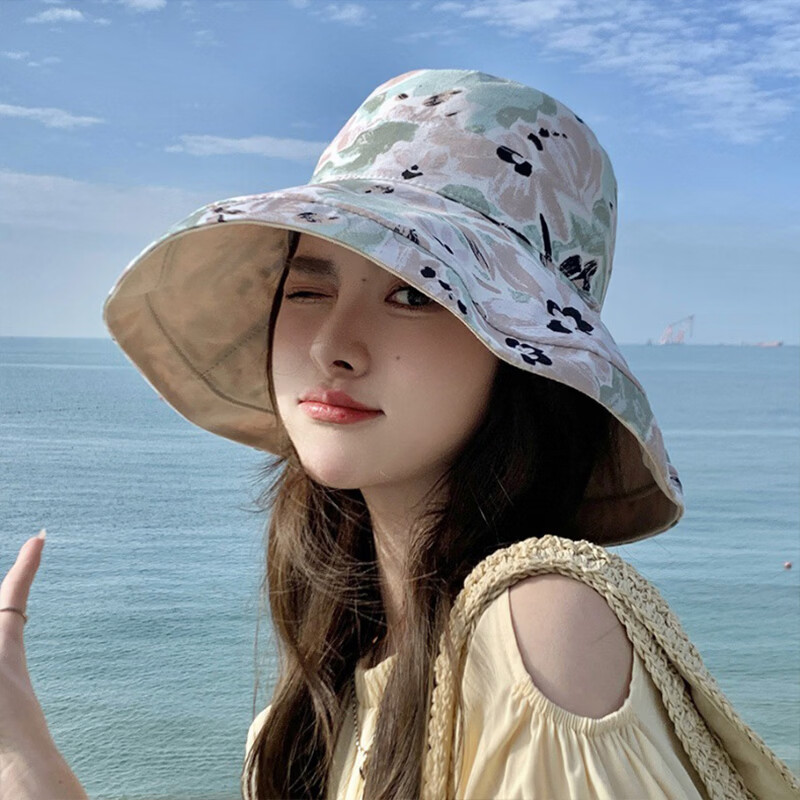 猫人棉双面遮阳渔夫帽女防晒春秋夏季户外出游遮脸大沿太阳帽子可折叠 米色 均码（56-58cm）