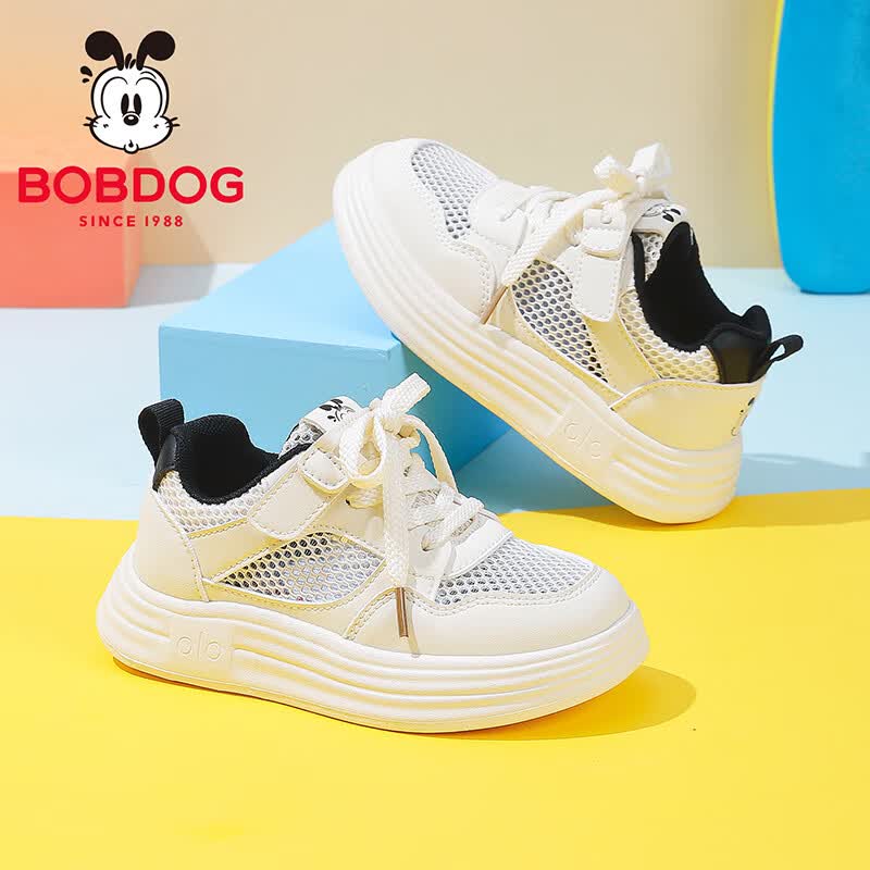 巴布豆（BOBDOG）童鞋儿童鞋子夏季男孩白色低帮板鞋2026新款单网校园运动鞋 米/黑 26 适合脚长15.5cm