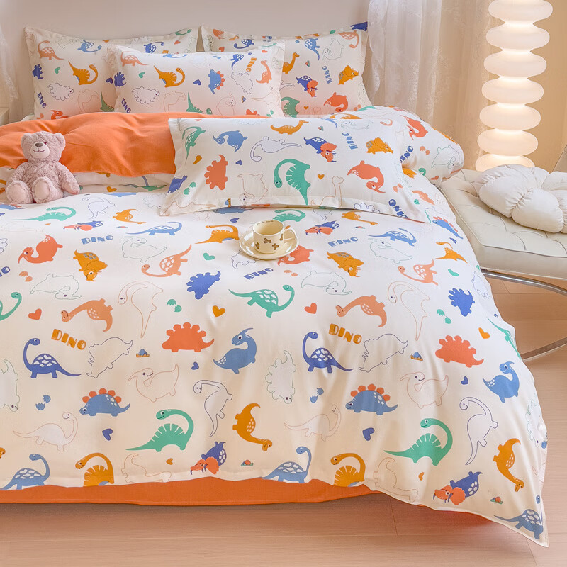 伊路卡磨毛四件套加厚斜纹印花床品床上三件套学生儿童床被套床单 百变恐龙 1.2米床 三件套  床单款 （被套150*200cm）