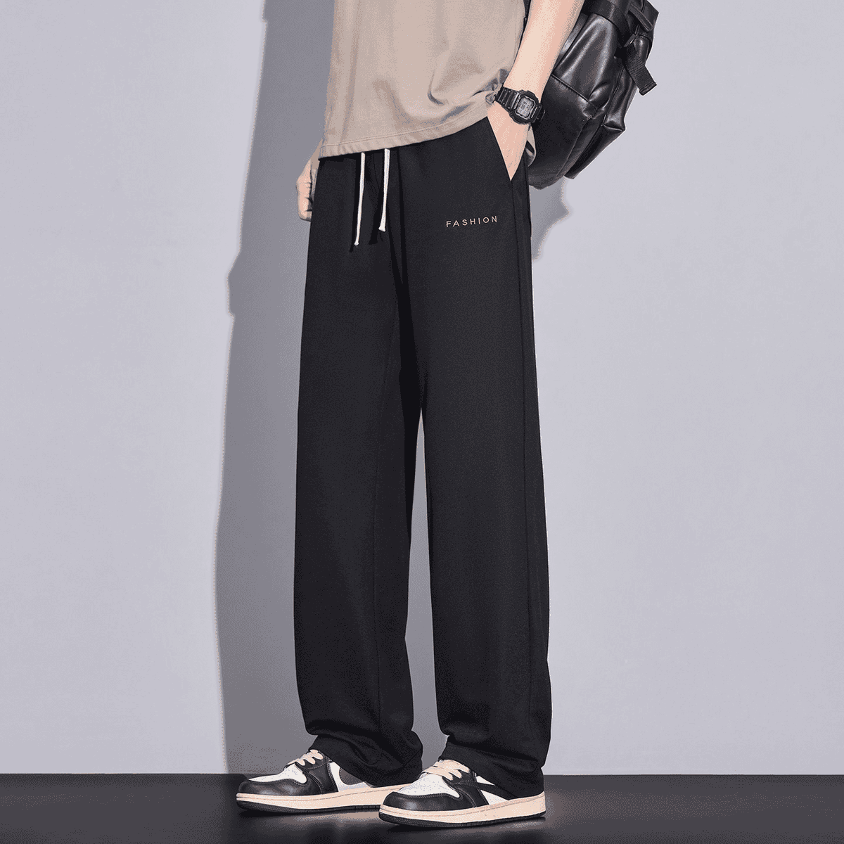 刺绣男士休闲裤夏季薄款百搭宽松直筒裤透气舒适松紧腰垂感长裤子 2636黑色 2XL 145-160斤