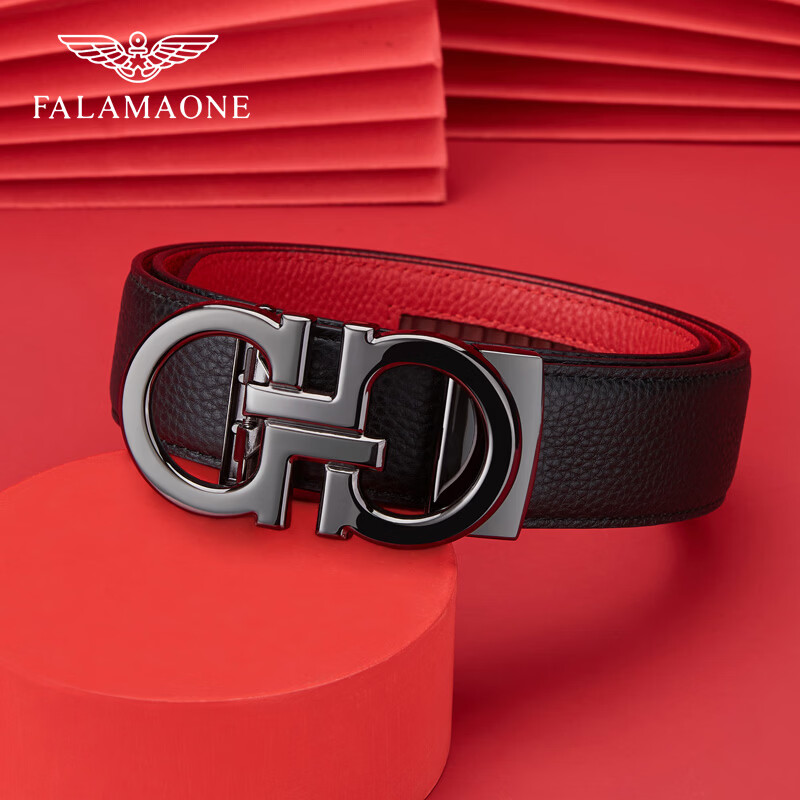 FALAMAONE法莱阿玛尼皮带男牛皮自动扣高档腰带新款真皮裤带生日礼物送男友 【专柜礼盒】本命年“鸿”皮带/PD80939银色 105cm -140cm默认随机发货（可修剪）