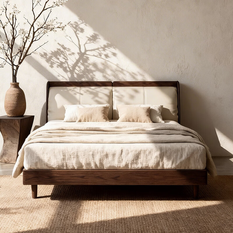 喜临门实木床黑胡桃木简约双人床主卧大床真皮实木软包床 胡桃 驰野黑+白骑士pro床垫 1.8*2米