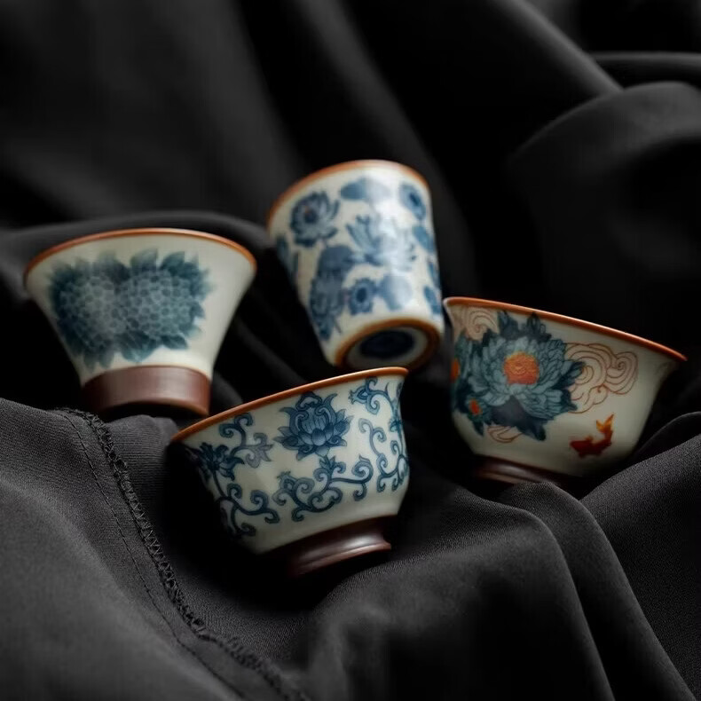 BOSSY新中式汝窑青花珐琅彩茶杯套装礼盒装高档品茗杯单杯生日伴手礼 繁花一壶四杯套装【礼盒装】