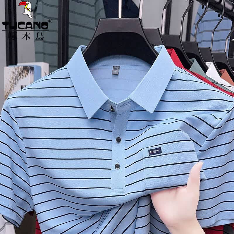 啄木鸟（TUCANO）冰丝短袖t恤男翻领条纹polo衫2026夏季真口袋凉感透气爸爸装半袖 桔色 4XL (190) 建议180-200斤