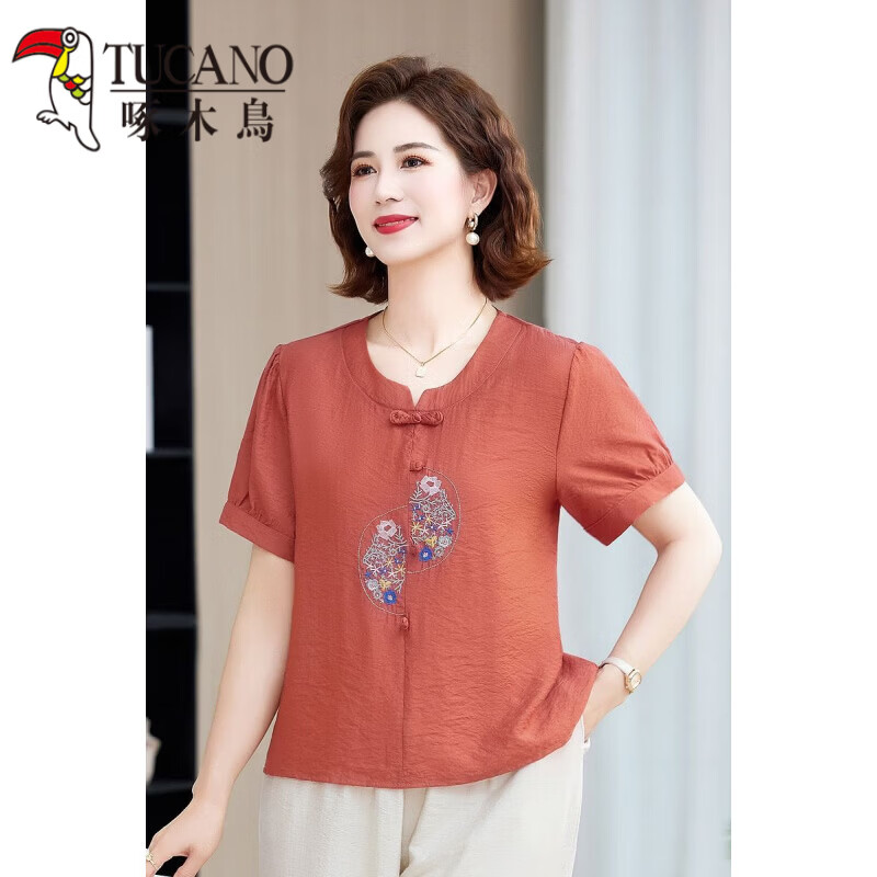 啄木鸟（TUCANO）绣花妈M妈夏装短袖T恤上衣洋气新款中年老年夏季时尚新中式宽松小 橘红色 5XL 建议145-155斤