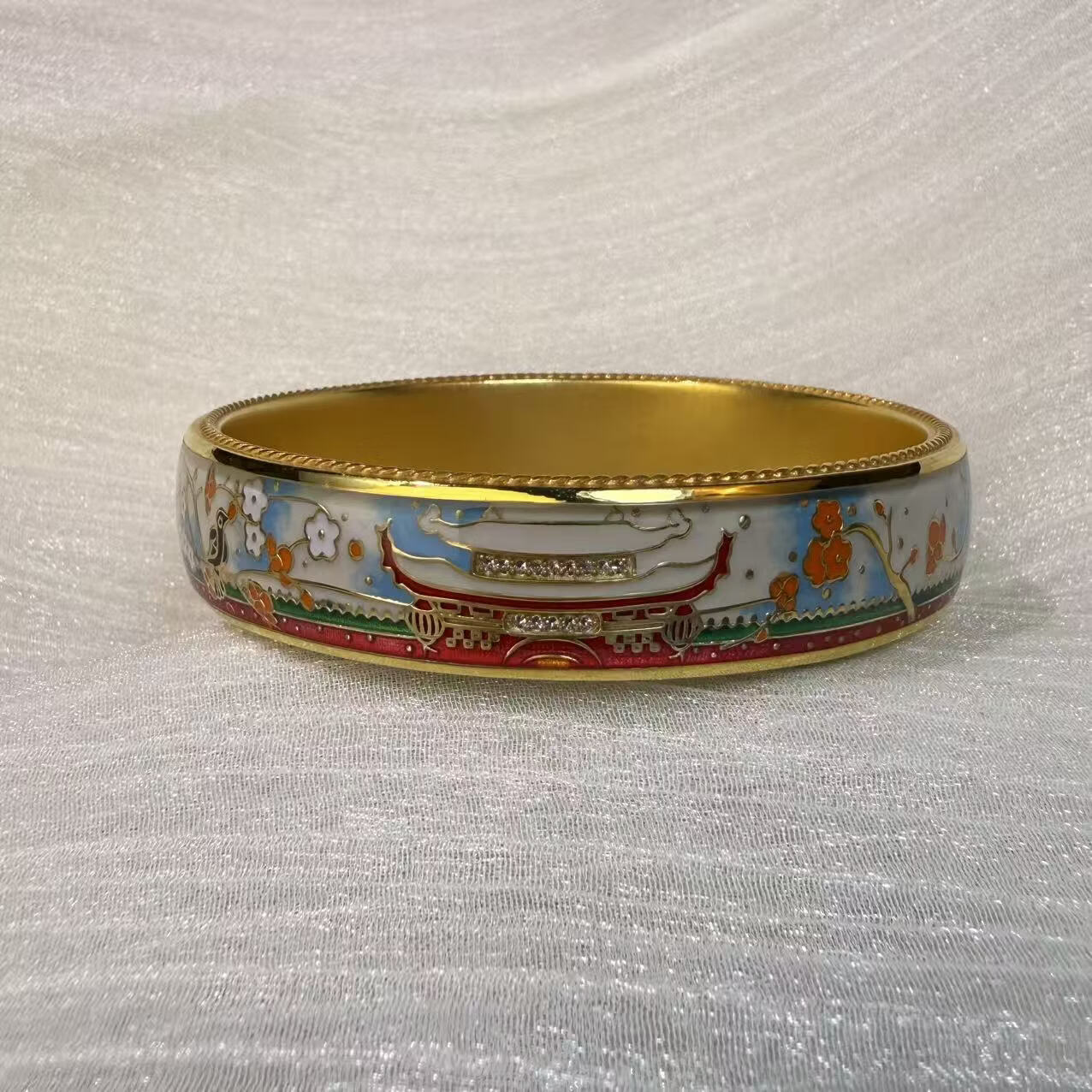 钻之银民族风珐琅彩手镯足银999鎏金拍平工艺 黄色 60圈口约60克