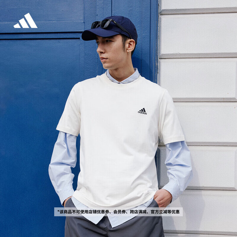 adidas情侣休闲纯棉上衣圆领短袖T恤男女夏季阿迪达斯官方轻运动 米白   L  