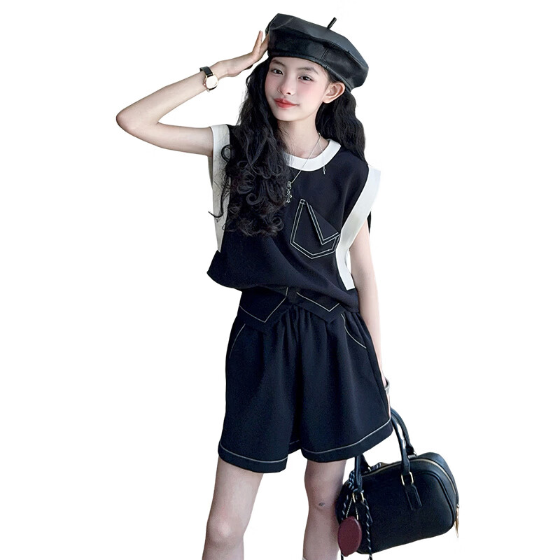 芭帛兔女童夏套装2026新款儿童衣服女孩超好看的夏装大童夏季薄款两件套 黑色 170 cm