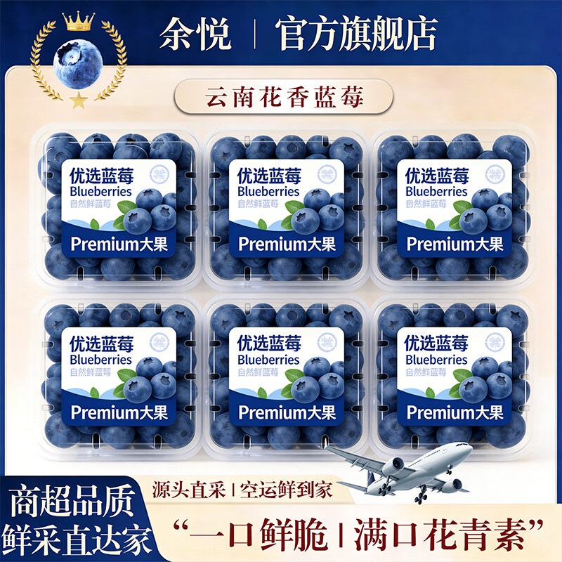 余悦云南花香蓝莓（JD/邮政空运 多地次日达）现摘国产高山蓝莓送礼 8盒【单果15mm+】125g/盒(净100g)