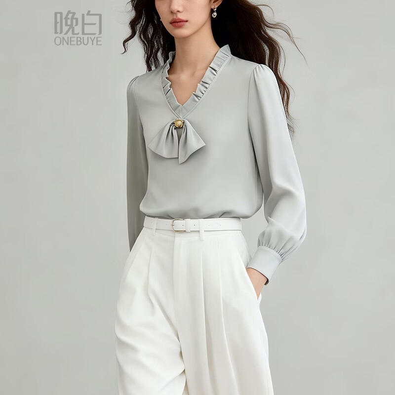 晚白【新品】2026春款气质轻熟风法式V领上衣缎面垂顺优雅通勤衬衫女 银灰色 M