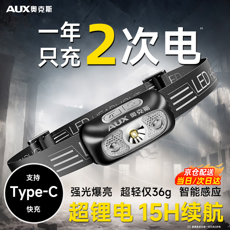 奥克斯（AUX）头灯强光夜钓灯超亮防水超长续航户外工作照明钓鱼专用感应头灯 【顶配款】爆亮N9灯珠（续航10-15h）+收纳包