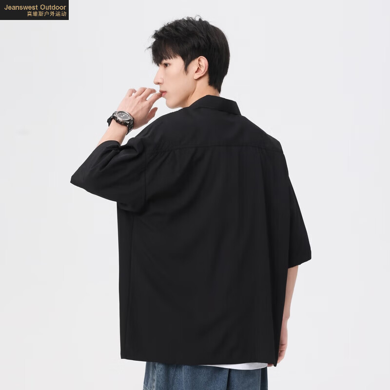 真维斯户外运动短袖衬衫男2025夏季新款宽松休闲衬衣日系高级感外套男上衣 黑色 M