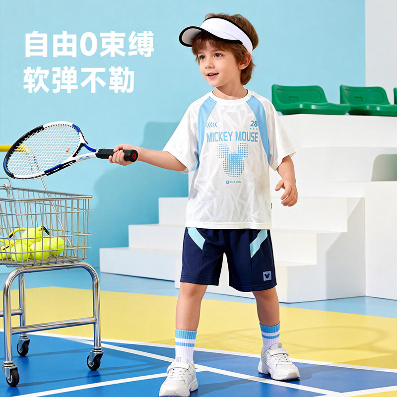 迪士尼男童短袖短裤休闲套装夏季新款舒适凉感透气运动儿童套装两件套 白色撞色套装 160 (建议12-14岁身高150-160cm)