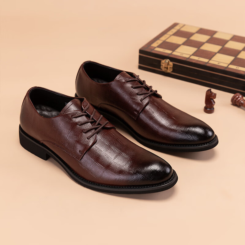 Walker Shop高端品牌皮鞋男款2026夏季商务正装真皮男鞋通勤休闲增高软底皮鞋 棕色内增高【品牌男鞋 礼盒包装】 40