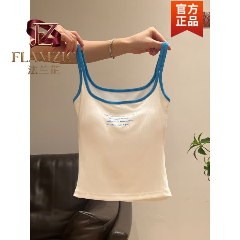 法兰芷(FLAMZIC)撞色字母印花镂空无袖吊带背心女2026夏季美背露肩带胸垫内搭上衣 日光白 M