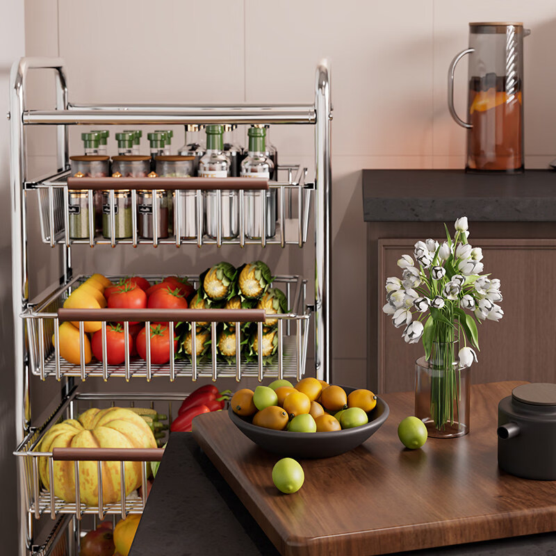 咏幻中古风厨房置物架小推车多功能夹缝多层果蔬菜篮零食可移动收纳架 加宽款 四层黑岩轮