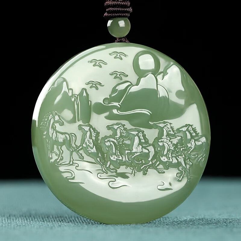 九福润和田玉生肖马吊坠男八骏图湖水绿玉坠女款玉石马到成功圆形玉牌