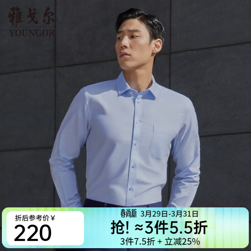 雅戈尔（YOUNGOR）长袖衬衫男素色DP免烫衬衫全棉面料舒适透气平整抗皱易打理 浅蓝 40