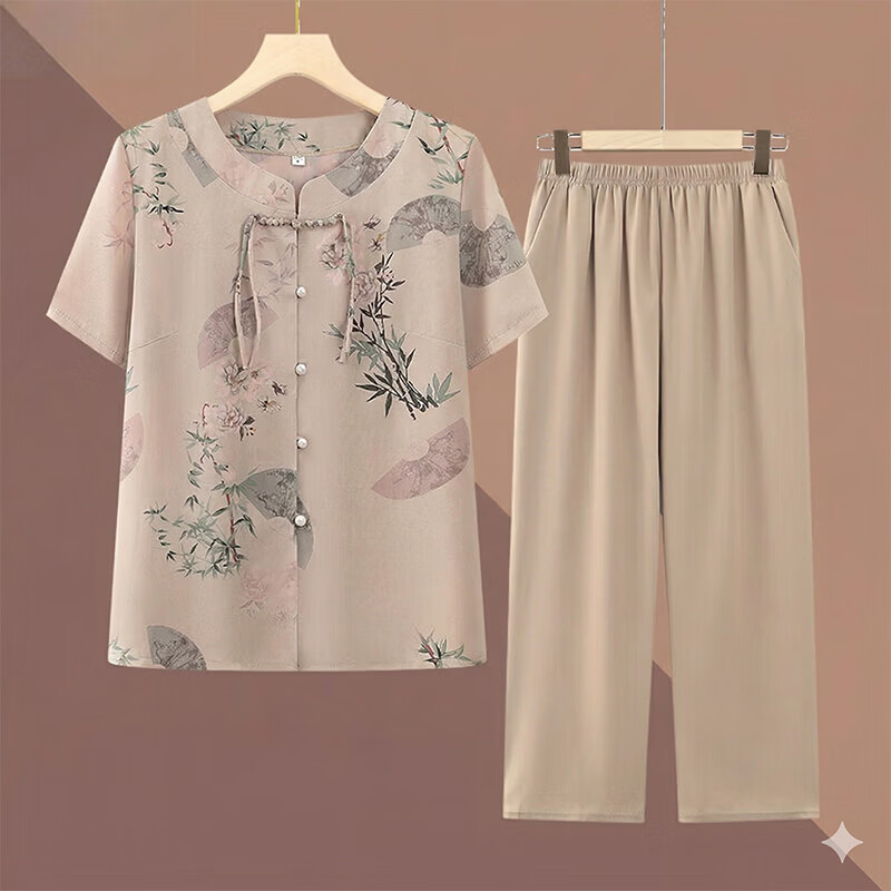 俞兆林(YUZHAOLIN)母亲节衣服奶奶冰丝夏装妈妈6070岁套装中老年人衣服女太太夏季 卡其色(套装) 5XL 建议(145-160斤)
