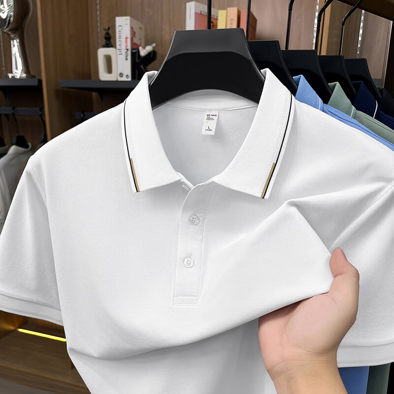 尺度保罗冰丝棉夏季翻领短袖T恤男士薄款宽松透气纯色百搭POLO衫大码上衣 BZ26601浅蓝 M 推荐90-120斤