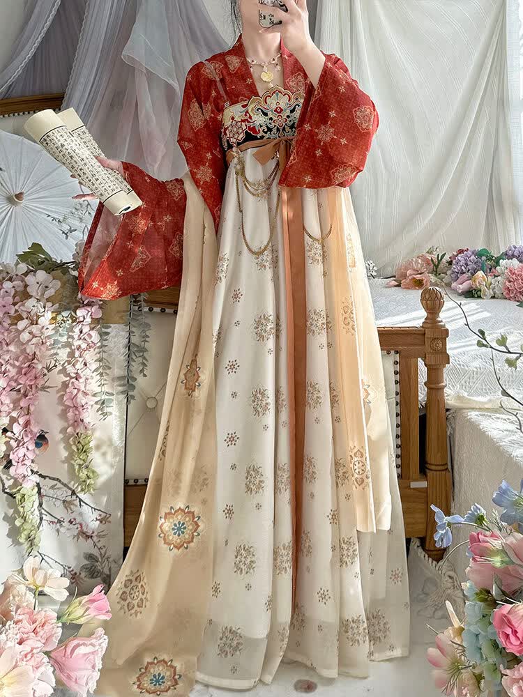 汉虞葵绾花辞|唐制复原款齐胸襦裙汉服女套装2026新款春夏季超仙气古装 绾花辞|蓝色上衣+红色齐胸裙+披帛+肩带 XL