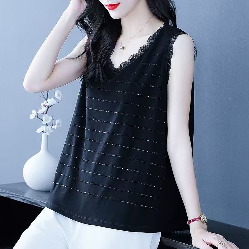 2026新款高档镶钻蕾丝背心大码遮肉显瘦打底衫时尚宽松v领内搭女 【商场品质】黑色 3XL 【建议135-150斤】