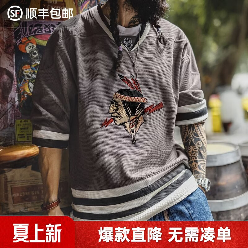 马登工装印第安刺绣长袖T恤男美式复古华夫格v领针织衫男士卫衣春季 棕灰色 【宽松男t恤/2025新款】 XL