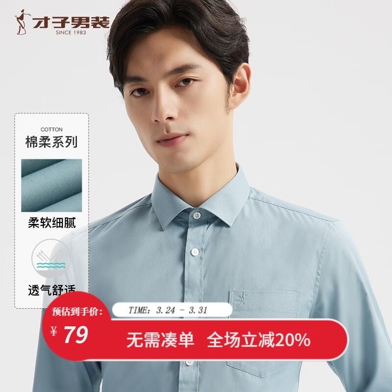 才子（TRIES）【易打理】衬衫男长袖秋易打理商务轻正装长绒棉休闲白色衬衣 浅绿色 L 39(170/88A)