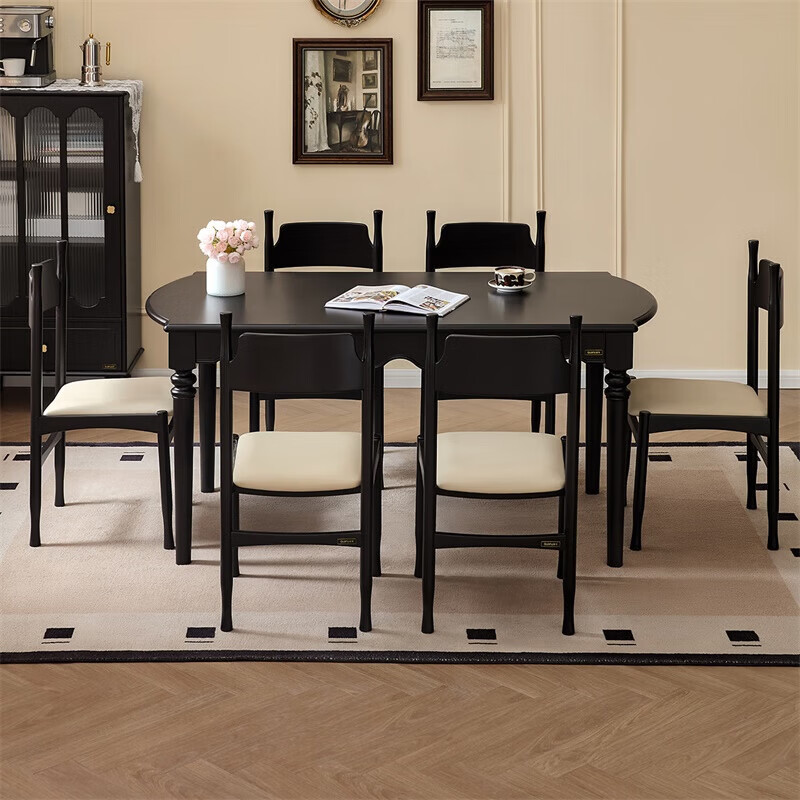 全友（QUANU）家居复古风简约餐桌客厅家用长方形实木腿吃饭桌休闲办公桌子家具 玫瑰黑|常规餐桌+安娜餐椅*6