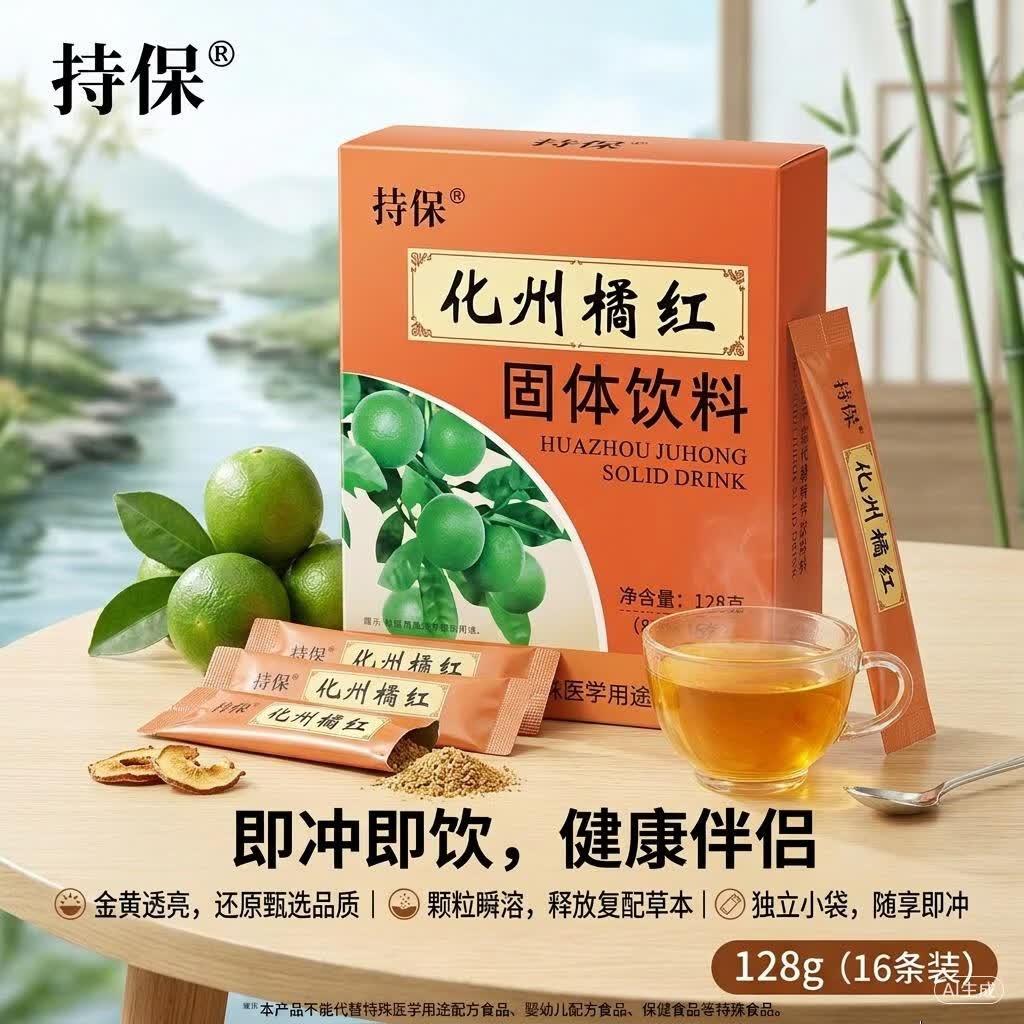 持保化州橘红固体饮料 8g*16条/盒 化桔红 橘红茶 正宗化州橘红冲剂 128g*5盒