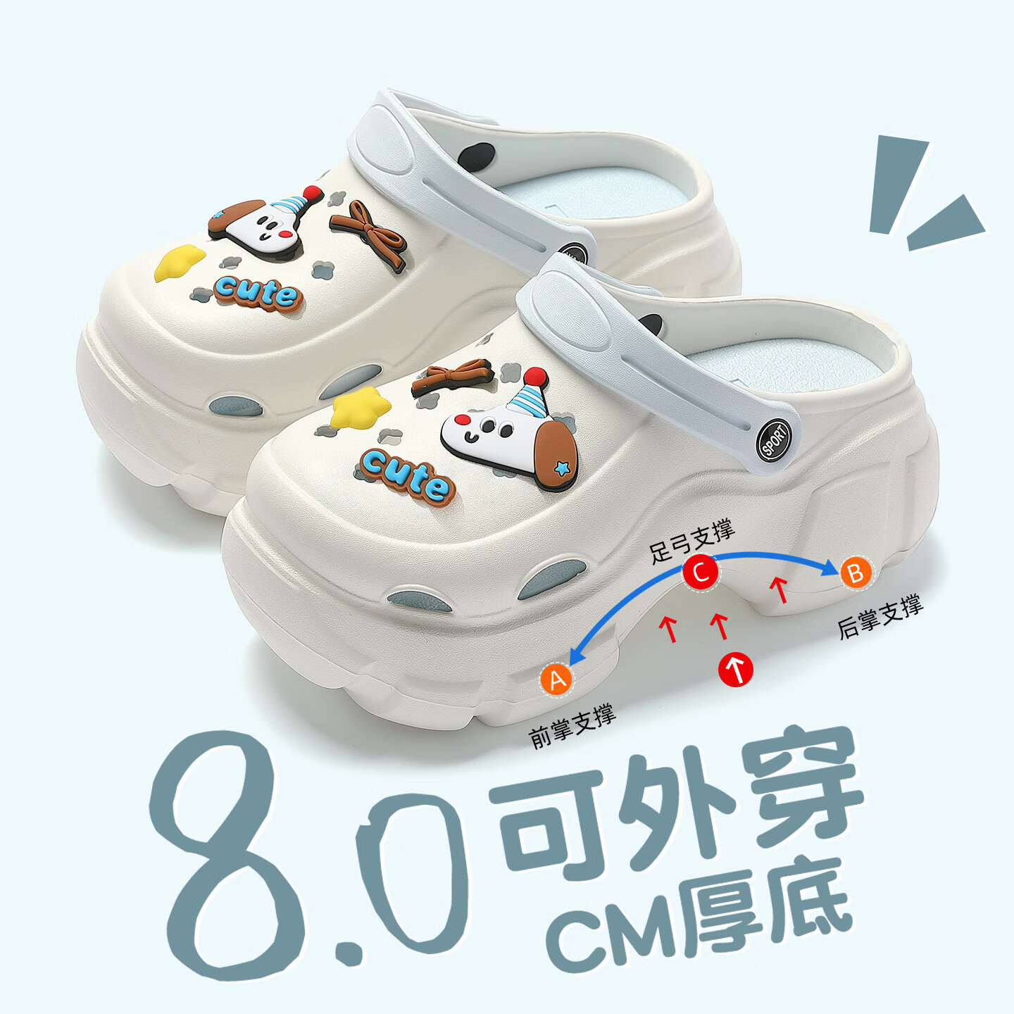 百慕倾臣厚底洞洞鞋女款2026新款足弓支撑eva防滑防臭8CM增高凉拖鞋夏季男 白蓝 【cute狗】足弓防滑软弹舒适 36-37 【标准码】内长240MM