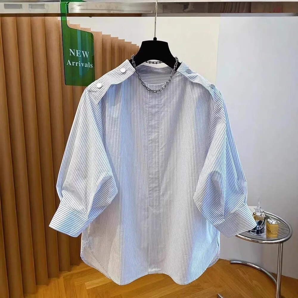浅蓝色条纹衬衫女2026新款宽松百搭圆领松弛感套头中袖七分袖上衣 白蓝条纹 M 【建议110-130斤】