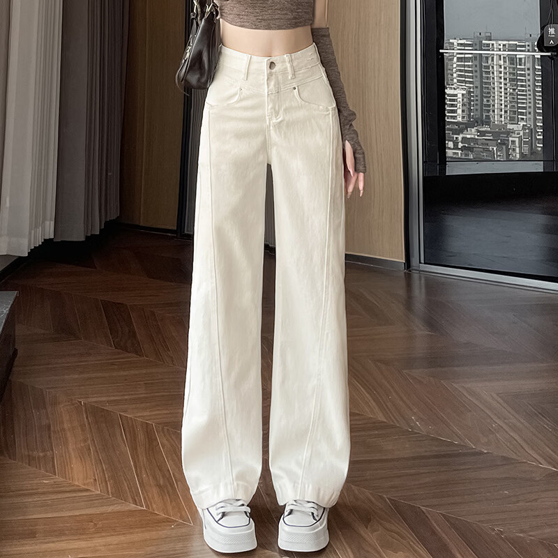 春季26新款奶白色微喇高腰阔腿裤子女装牛仔裤加绒弹力新款裤子JL 白色加长 XL 120-130