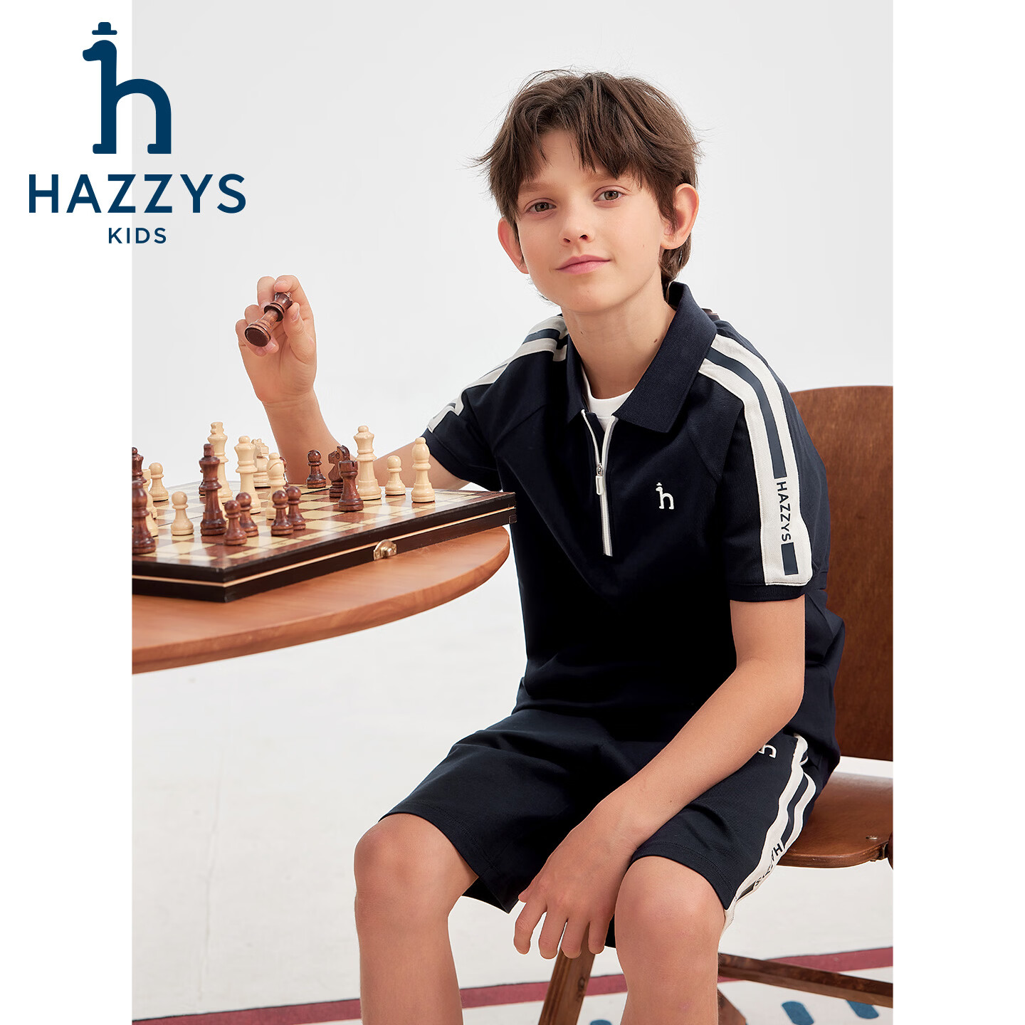 哈吉斯(HAZZYS)童装男童套装2026夏季新品大童运动polo短袖T恤宽松透气短裤 藏蓝 160