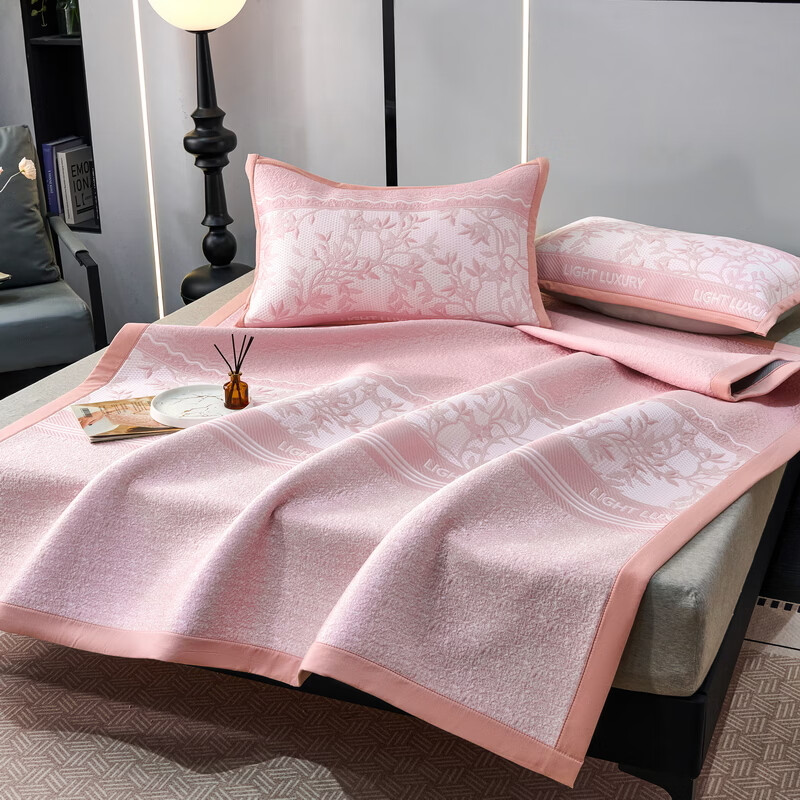 恒源祥冰丝凉席 A类PE提花冰丝席3D凉感吸湿透气可机洗单双人凉席套件 风景-粉【床席款】 90*200cm【一席一枕套】