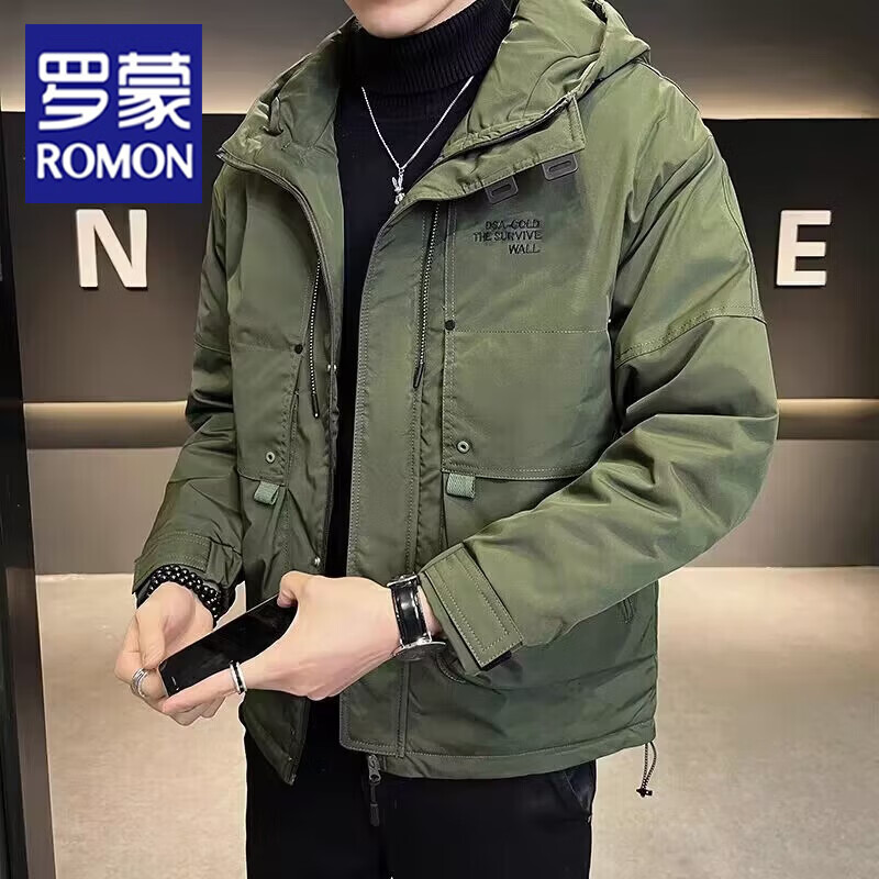 罗蒙（ROMON）连帽工装外套男装2026新款秋季冲锋衣夹克衫男士休闲上衣潮牌潮流 绿色 M
