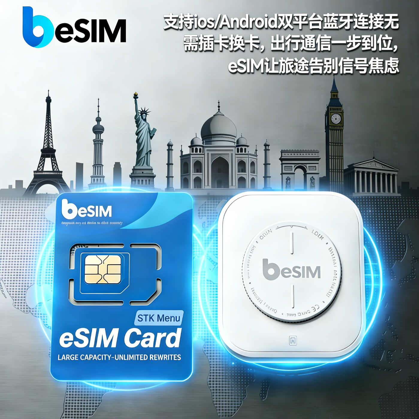 beSIM出行通信//iOS/Android双平台/eSIM/蓝牙连接方便快捷/高颜值eSIM卡 宝蓝色eSIM卡450k＋ 读卡器 京东折扣/优惠券