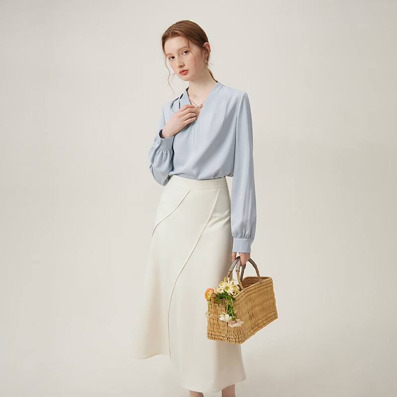 范思蓝恩法式浪漫衬衫女正肩可拆卸珍珠链V领设计感上衣24FS11358 冰川蓝 L